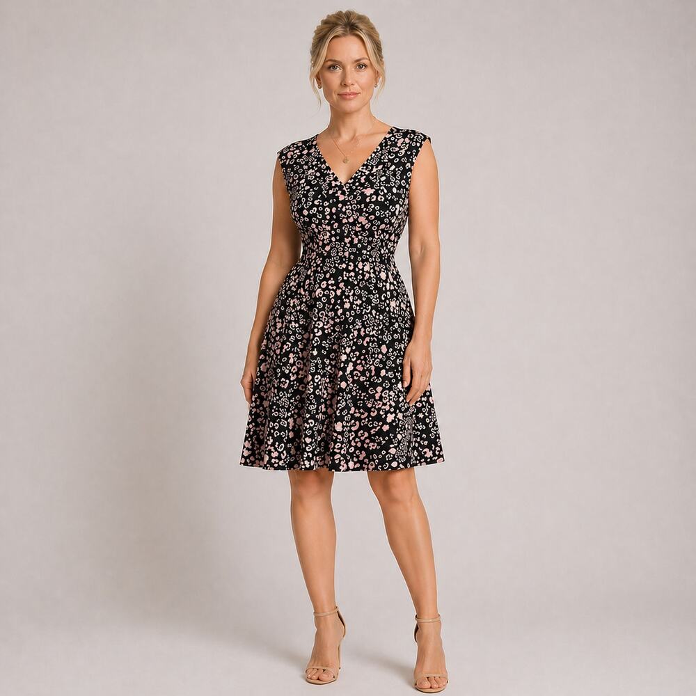 Talbots Print Dress Graduation Black Pink Fit n Flare Size 15